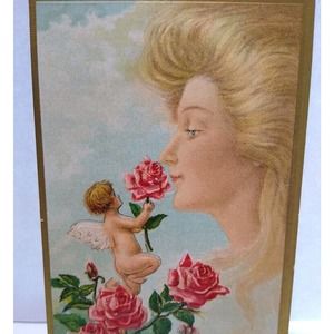 Fantasy Postcard Giant Blonde Goddess In Clouds Red Roses Cherub Angels CC No57